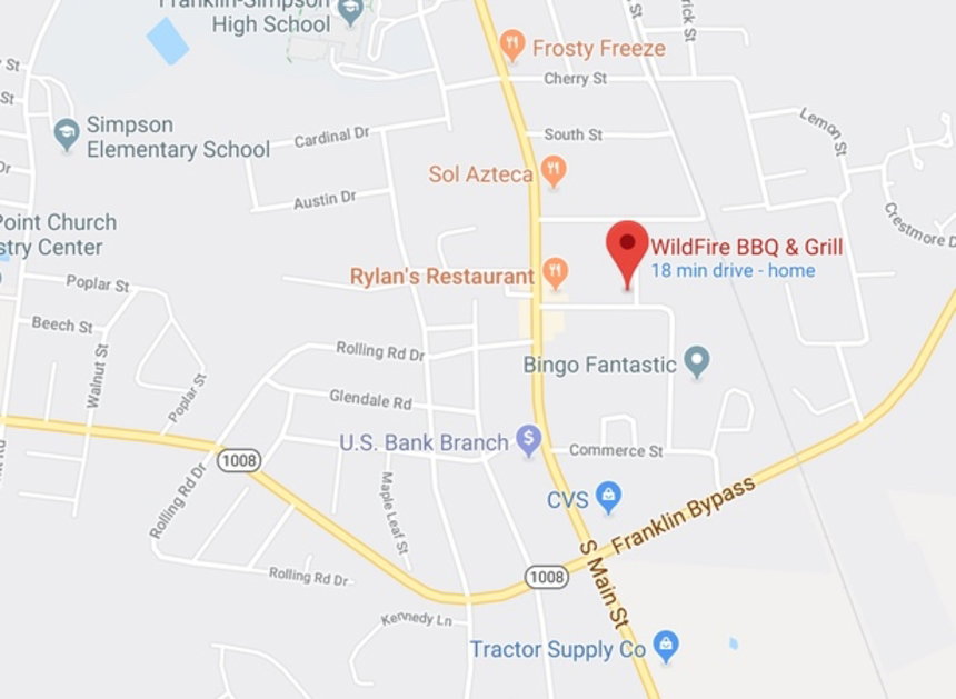 Map showing Wildfire BBQ and Grill in Franklin, Kentucky